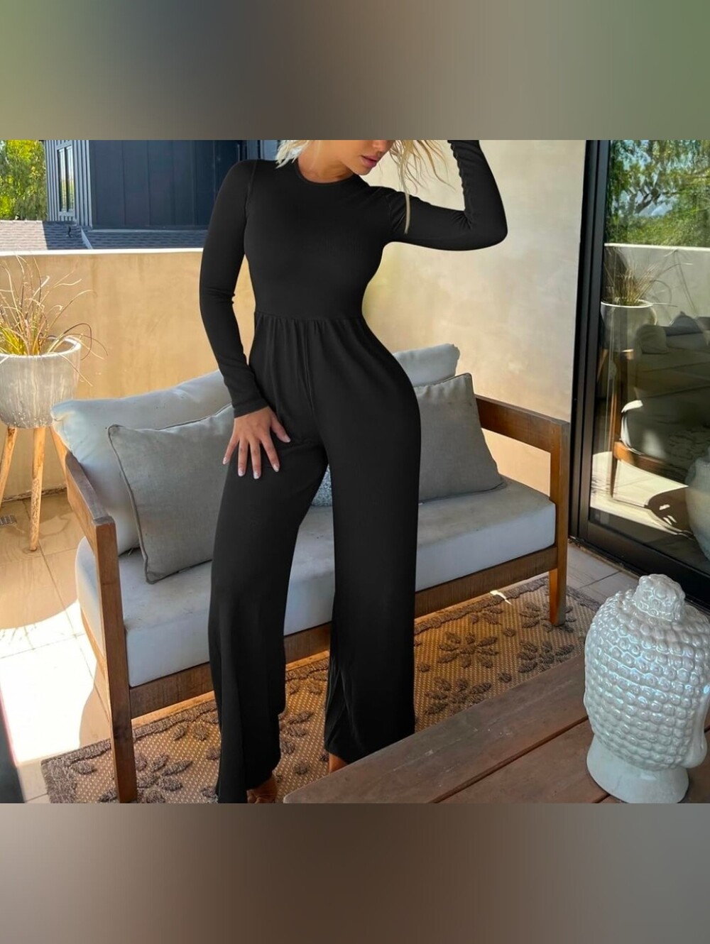 XL Womans Black Ribbed Jumpsuit Wide Leg Pants Dressy One Piece Outfit Crew Neck